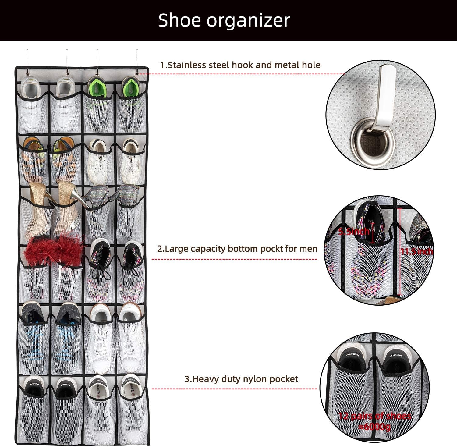 over the Door Shoe Organizer, Hanging Shoe Organizer with 24 Mesh Large Pockets Door Shoe Rack Organizer for Men Women Kids Hanging Shoe Storage Bag.(White)