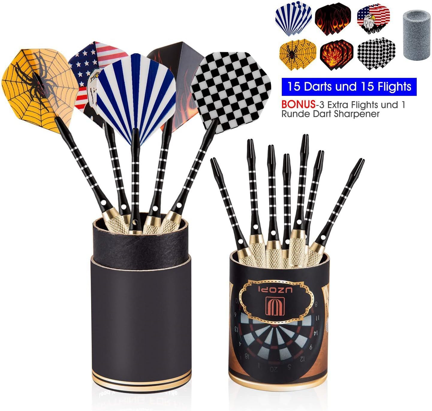 15 Pack Steel Darts 18 Grams Tip Set with Dart Sharpener and 21 Flights, Aluminum Shafts & Brass Barrels, Levels in Every Rec Room, Man Cave, Bar and Game Room
