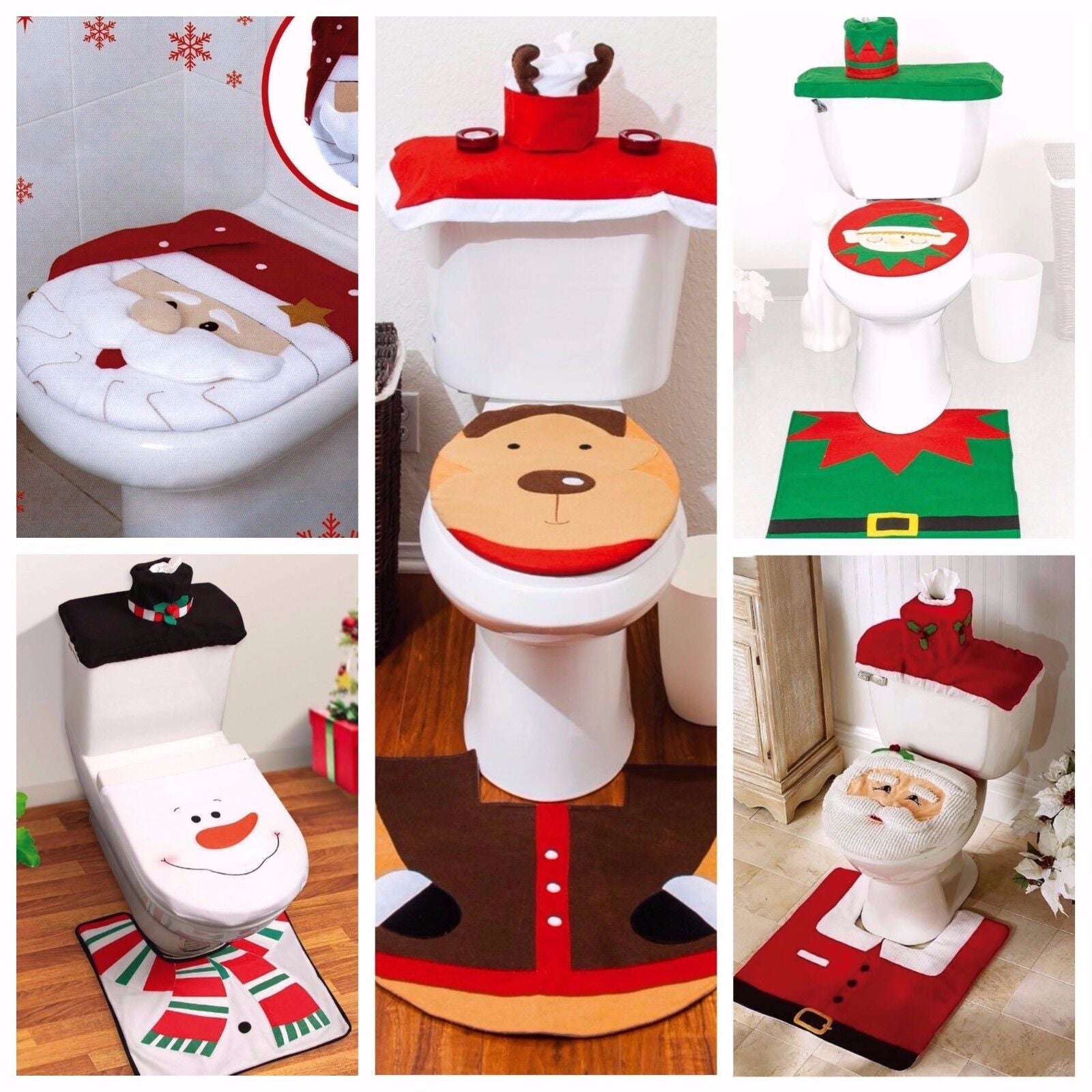 Christmas Xmas Decoration Toilet Seat Cover Set Santa, Elf, Reindeer, Snowman