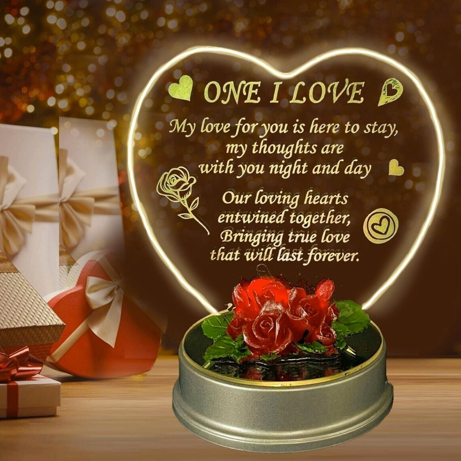 Christmas Romantic Heart Acrylic Love Gift with Red Rose ONE I LOVE Ornament