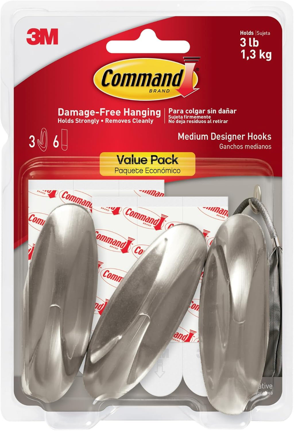 Designer Hooks, Medium, Brushed Nickel, 3-Hooks (17081BN-3ES), Great for Dorm Decor