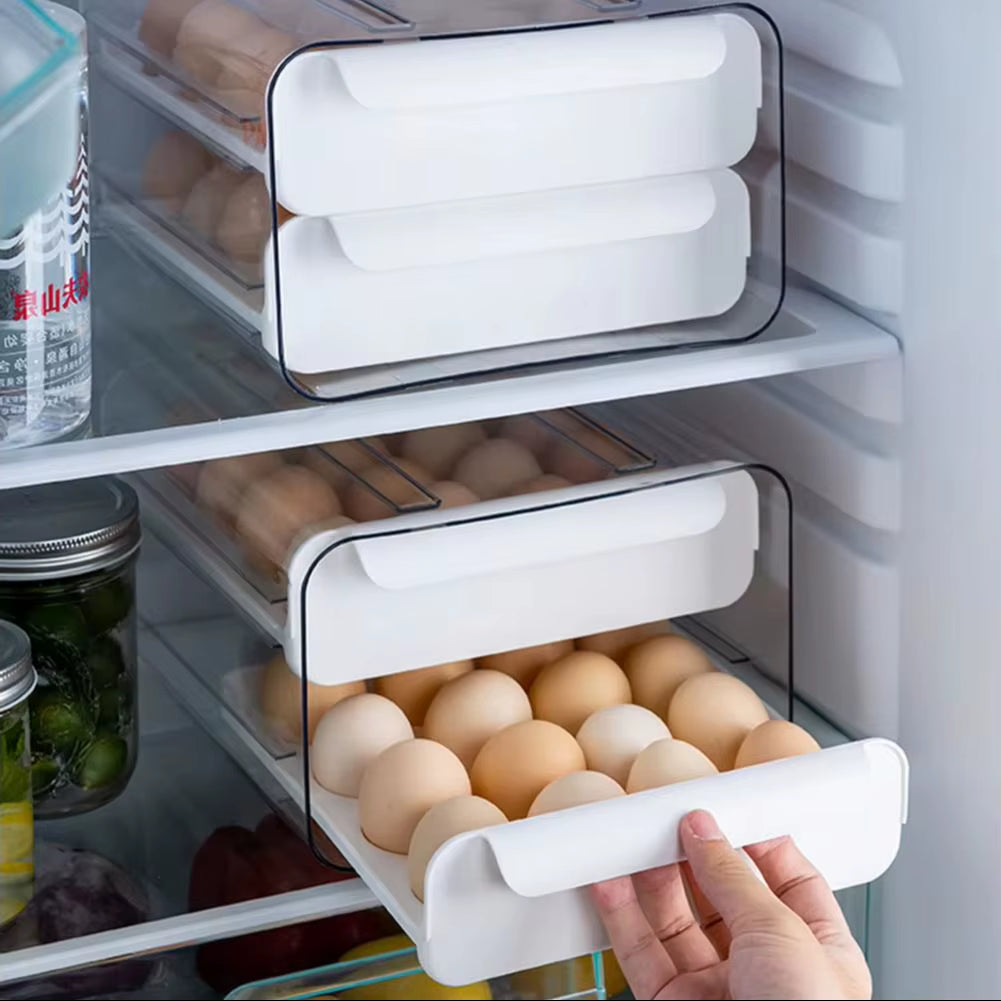 Double-Layer Egg Storage Drawer Box, Holds 32 Eggs, Transparent Body, Easy Access, White