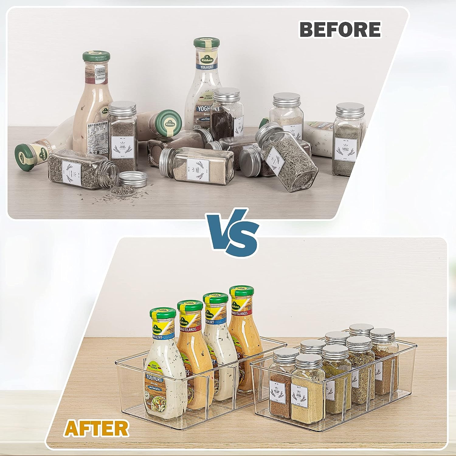 Clear Plastic Storage Bins, Pantry Organizer Bins with Handle for Refrigerator, Fridge, Cabinet, Kitchen, Countertops, Cupboard, Freezer Organization