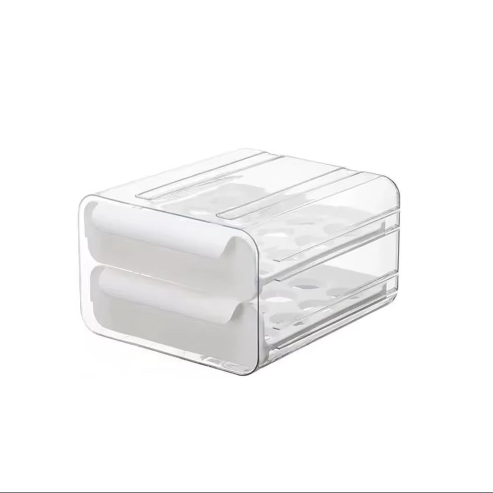 Double-Layer Egg Storage Drawer Box, Holds 32 Eggs, Transparent Body, Easy Access, White