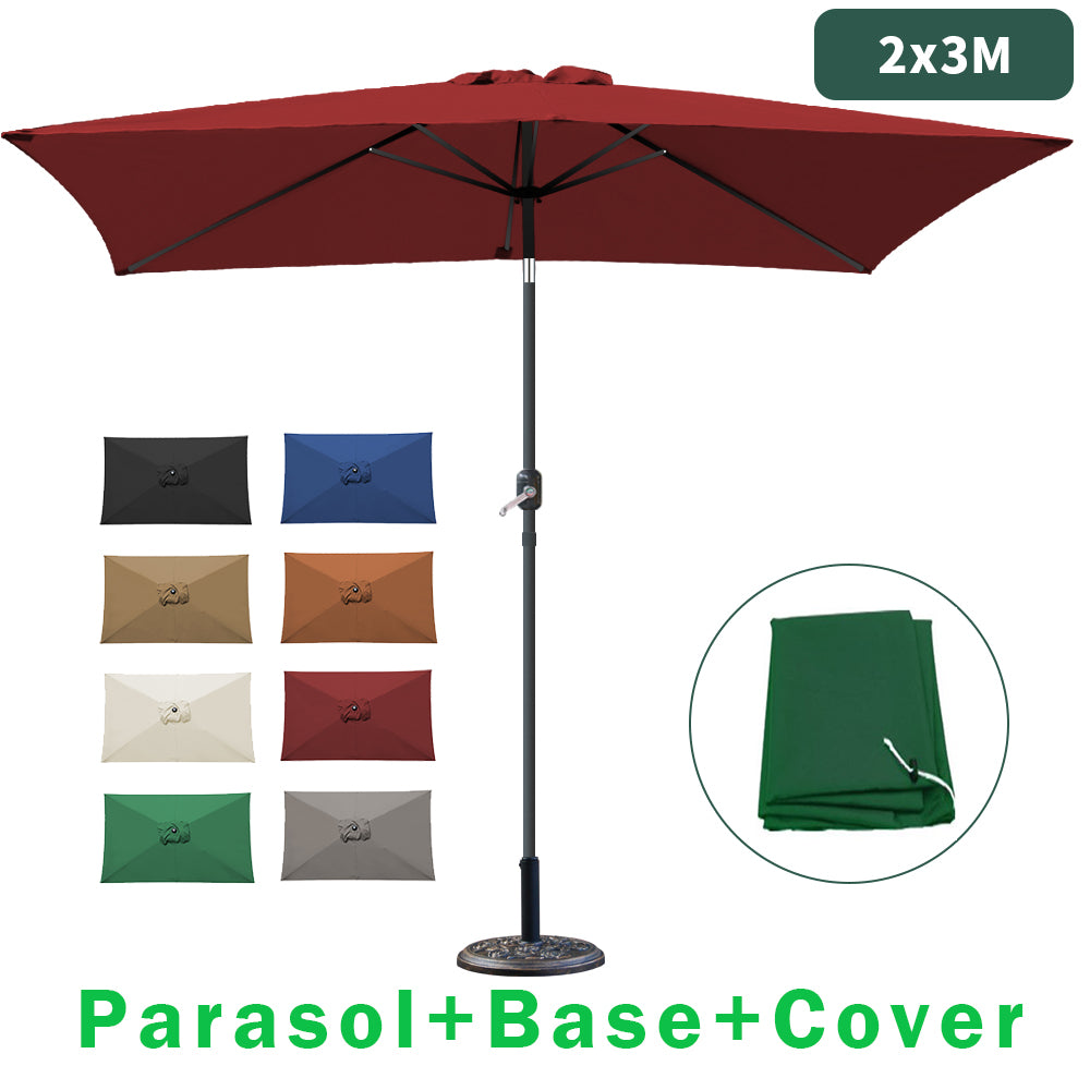 2X3M Garden Parasol Patio Sun Shade Aluminium Crank Tilt Umbrella Cover Base